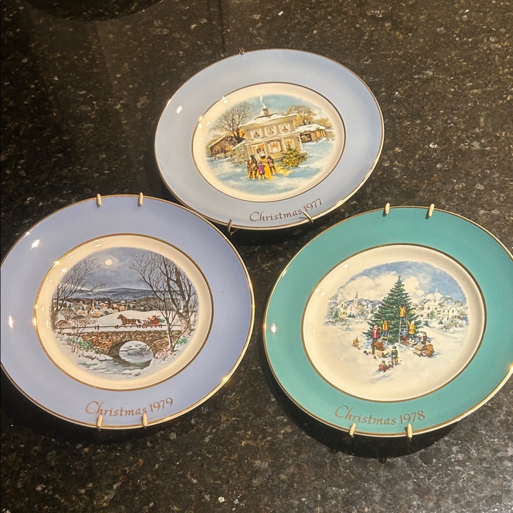 Set of Three Avon Christmas Collector Plates, ‘77, ‘78, ‘79 gold trim